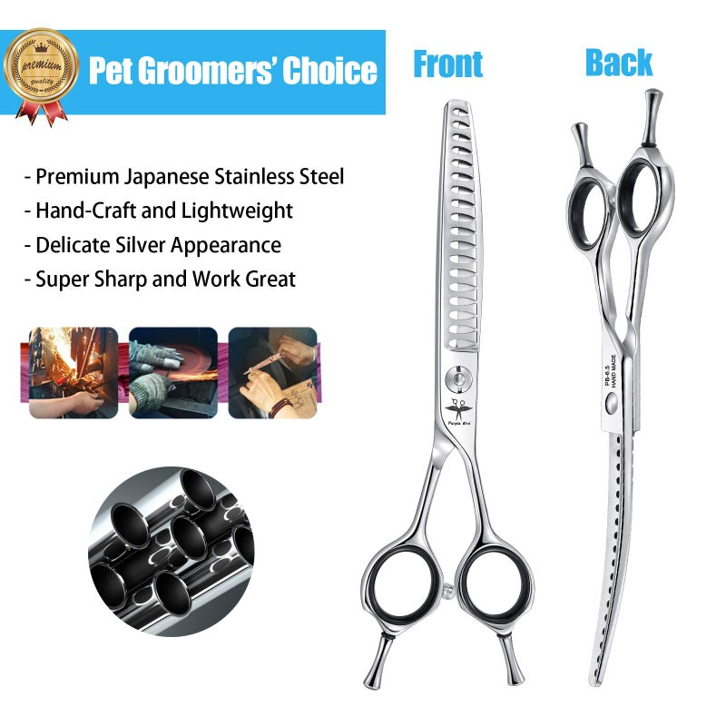 PURPLEBIRD 6.5 Inch Downward Curved Dog Grooming Scissors Pet Chunker Shears Professional Safety Blunt Tip Trimming Shearing for Dogs Cats Face Paws Limbs Japanese Stainless Steel Silver - Image 4